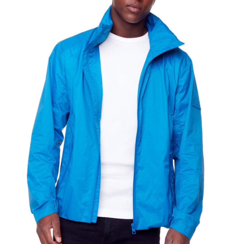 Blue Windbreaker with Stand-Up Collar and Elastic Cuffs